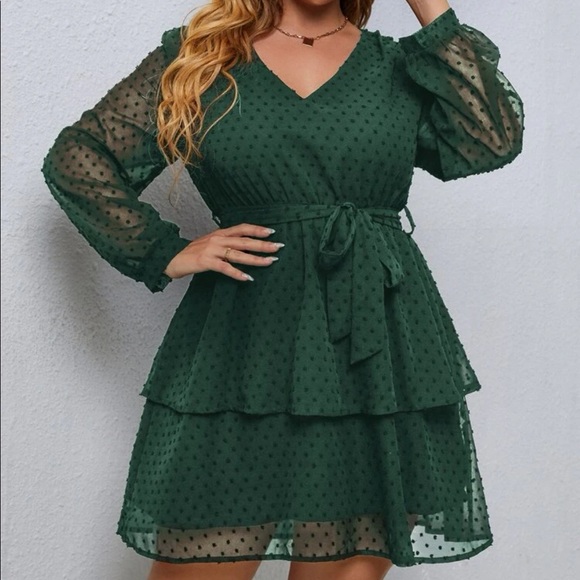 Blue plus size bishop sleeve ruffle hem belted mini dress - Picture 16 of 16